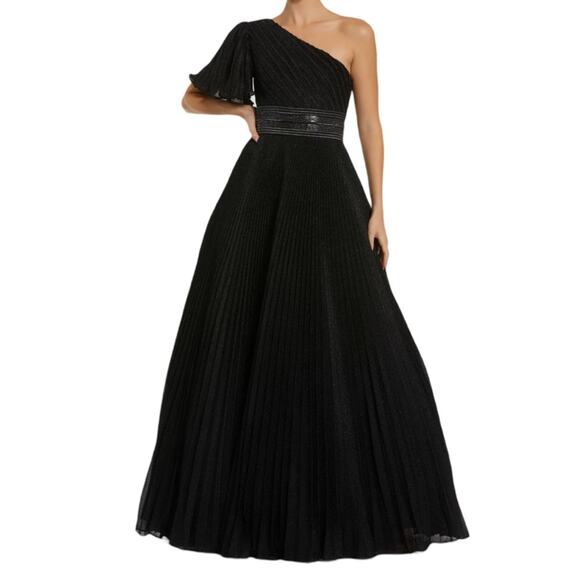 Mac Duggal Black Pleated Shimmering Georgette One Shoulder Gown 30777 Women’s - Picture 1 of 10